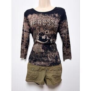 Espresso Quarter Sleeve Euro Top Brown Sequined Graphic Tee Y2K